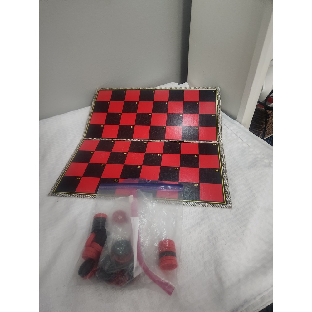Vintage Folding Checkers Board Game Red and Black Numbered Board with Pieces